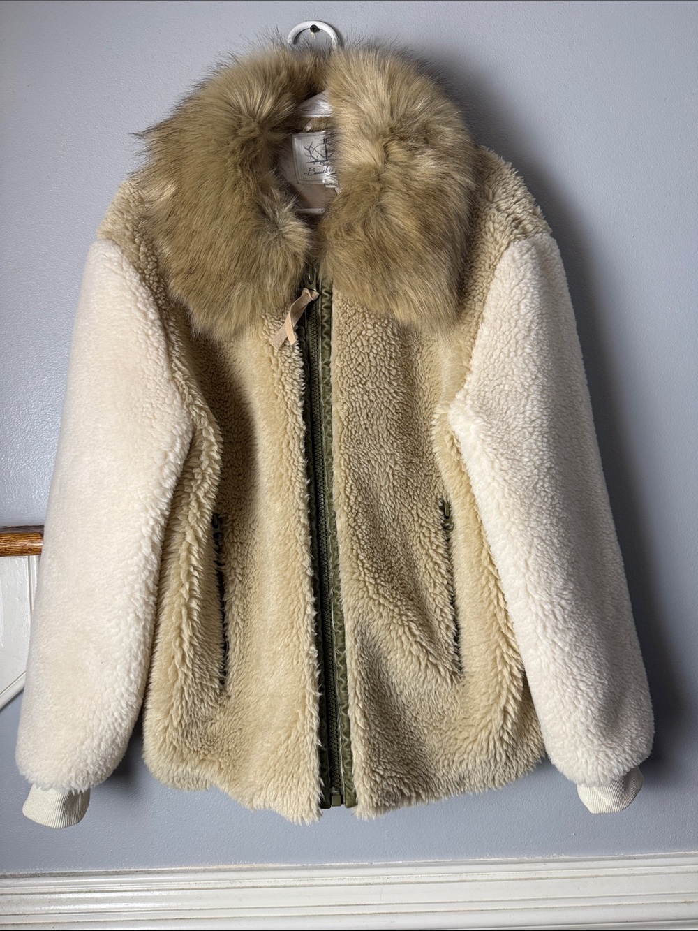Ivory & Beige Faux Shearling Teddy Jacket with Fur Trim Collar